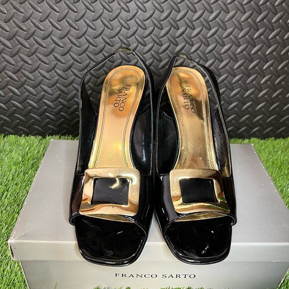 Franco Sarto black wedge Gold Buckle open Toe Heels Womans Size 10 - Picture 2 of 6